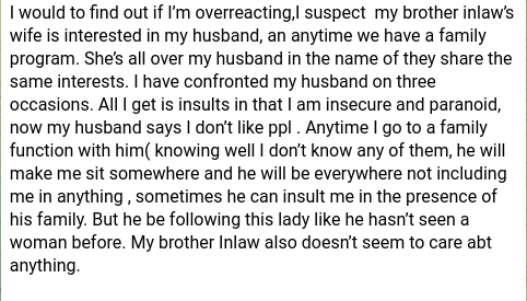 My brother-in-law's wife is in love with my husband - Lady laments