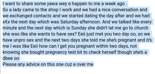 My girlfriend is pregnant for me after just 2 days of dating - Man cries out for help