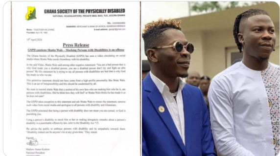 Some of your fans have disabilities just like Stonebwoy; apologise to him - Disabled group to Shatta Wale