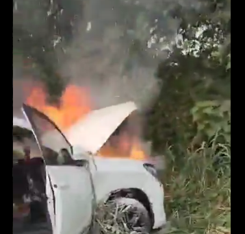 Toyota Prado engulfed in flames after bus collision on Accra-Kumasi Highway