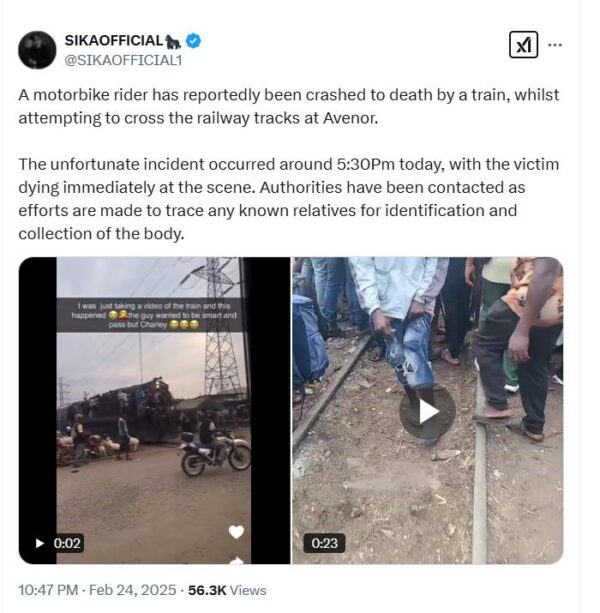 SAD: Motorbike Rider Killed by Train After Attempting to 'Smartly' Cross Railway Tracks at Avenor