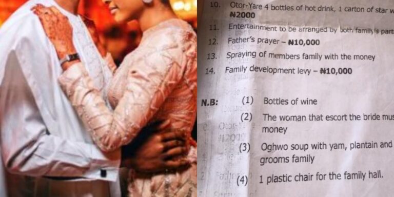 Lady Shares Surprisingly Affordable Bride Price List Given to Her Husband