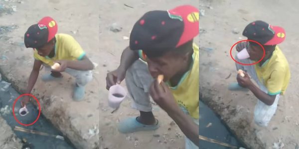 Man Spotted Drinking Drain Water With Bread — Internet Left in Shock!