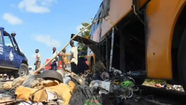 (Video) Metro Mass Bus catches fire en route to Obuasi-Dunkwa; Marijuana found in luggage compartment